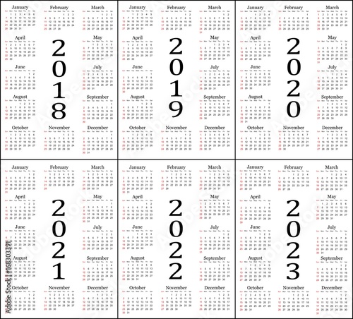 Six year calendar - 2018, 2019, 2020, 2021, 2022 and 2023 in white ...