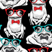 Seamless Pattern With Image Of A Frogs In Glasses And Tie. Vector Illustration.