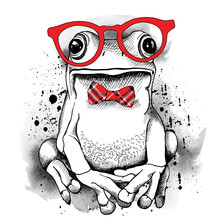 Poster With A Picture Of A Frog Wearing Glasses And Red Tie. Vector Illustration.