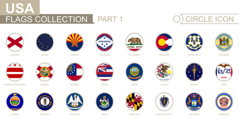 Wall Mural - Alphabetically sorted circle flags of US States. Set of round flags.