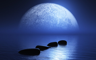 Wall Mural - 3d stepping stones in ocean with planet