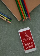 Poster - Phone on a school table with school icons on screen