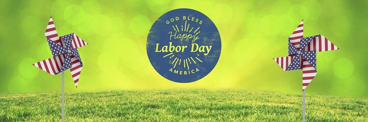 Poster - Happy labor day text and USA wind catchers in front of grass