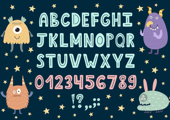 Hand drawn alphabet with cute monsters. Letters A to Z plus numbers. Vector illustration