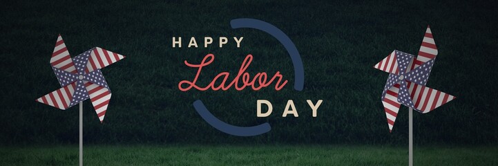 Poster - Happy labor day text and USA wind catchers in front of grass