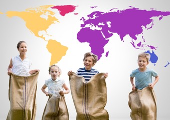 Poster - Kids in sack race in front of colorful world map