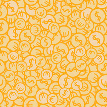 Seamless Money Pattern With Coins With Dollar And Euro Signs. Gold Background With Precious Metal Coins In Chaotic Manner. Flat Hand Draw Style