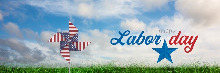 Poster - Happy labor day text and USA wind catcher in front of grass and 