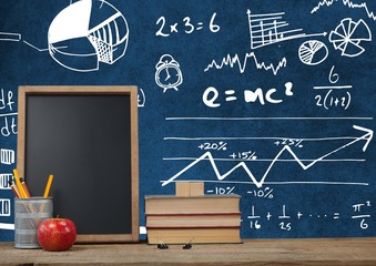 Poster - Desk foreground with blackboard graphics of math science diagram