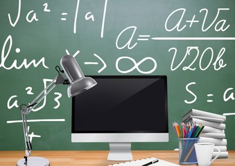Poster - Computer Desk foreground with blackboard graphics of formulas