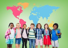 Multicultural School Kids  In Front Of Colorful World Map