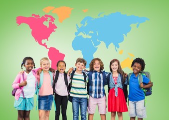 Poster - Multicultural School kids  in front of colorful world map