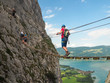Mondsee and Attersee, Alps, Austria, Europe: [ sky rope bridge, view from Drachenwand rock, via ferrata, Halstatt region ]