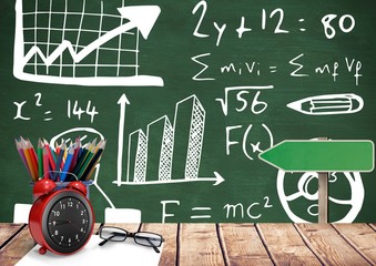 Poster - Desk foreground with blackboard graphics of formula equations