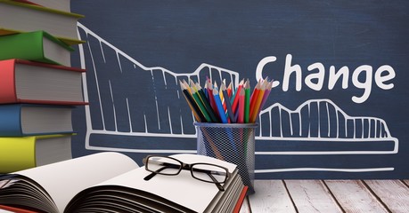 Poster - Books on the table against blue blackboard with education and sc