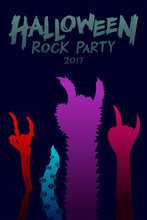 Halloween 2017 Rock Party Background Template Set, Devil Monster Hand Rock Sign Concept Design And Halloween 2017 Text Illustration Isolated On Dark Blue Background, With Copy Space