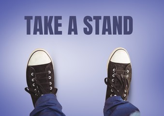 Poster - Take a stand text and Black shoes on feet with purple background