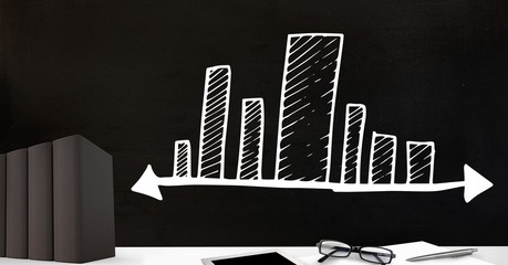 Poster - Desk foreground with blackboard graphics of bar charts increment
