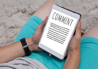 Poster - Comment text and writing graphic on tablet screen with hands