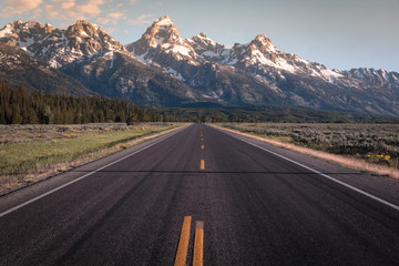 Road shot of the Grand tetons