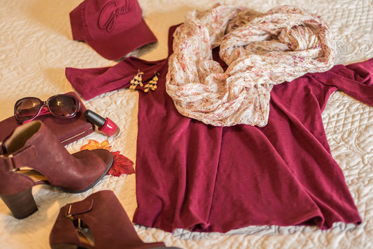 Getting ready for Fall with maroon color palette clothing and accessories