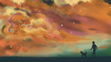 Fototapeta Tęcza - silhouette of the man walking with dog on the colorful sky cloud background. illustration digital painting artwork.