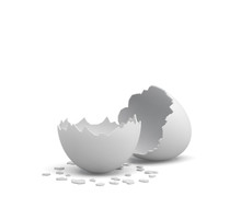 3d Rendering Of An Empty Cracked Chicken Egg With A White Shell And Several Pieces Of It Lying Around.