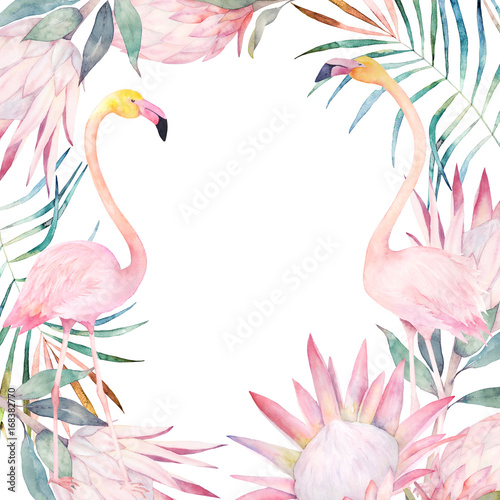 Summer colorful frame with flamingo, palm leaves and flowers. Watercolor hand...