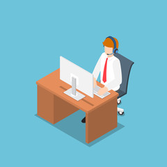 Poster - isometric business people working with headset in a call center and service.
