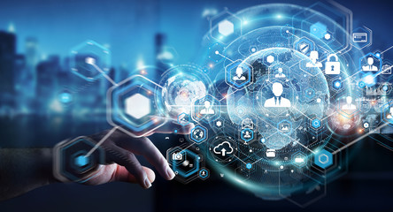 Poster - Businesswoman using social network interface 3D rendering