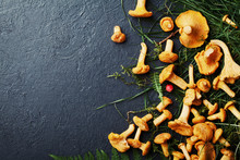 Heap Of Yellow Mushrooms Chanterelle (cantharellus Cibarius) With Forest Plants On Dark Kitchen Table Top View. Copy Space For Text.