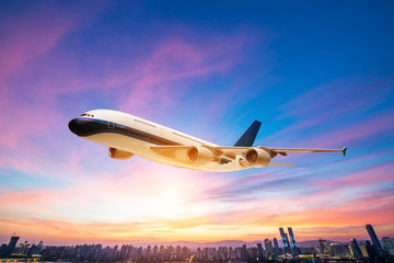 perspective view of jet airliner in flight with bokeh background