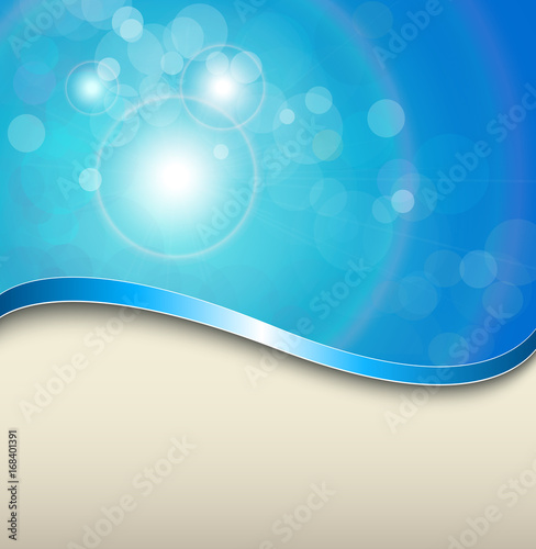 Sunny blue background with elegant abstract wave and  bokeh
