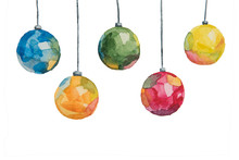 Several Christmas Multi-colored Balls Painted With Watercolors Hanging On Threads On A White Background