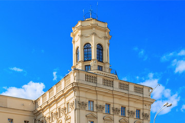 Classic architecture with columns at Minsk, Belarus. Cityscape with blue sky.