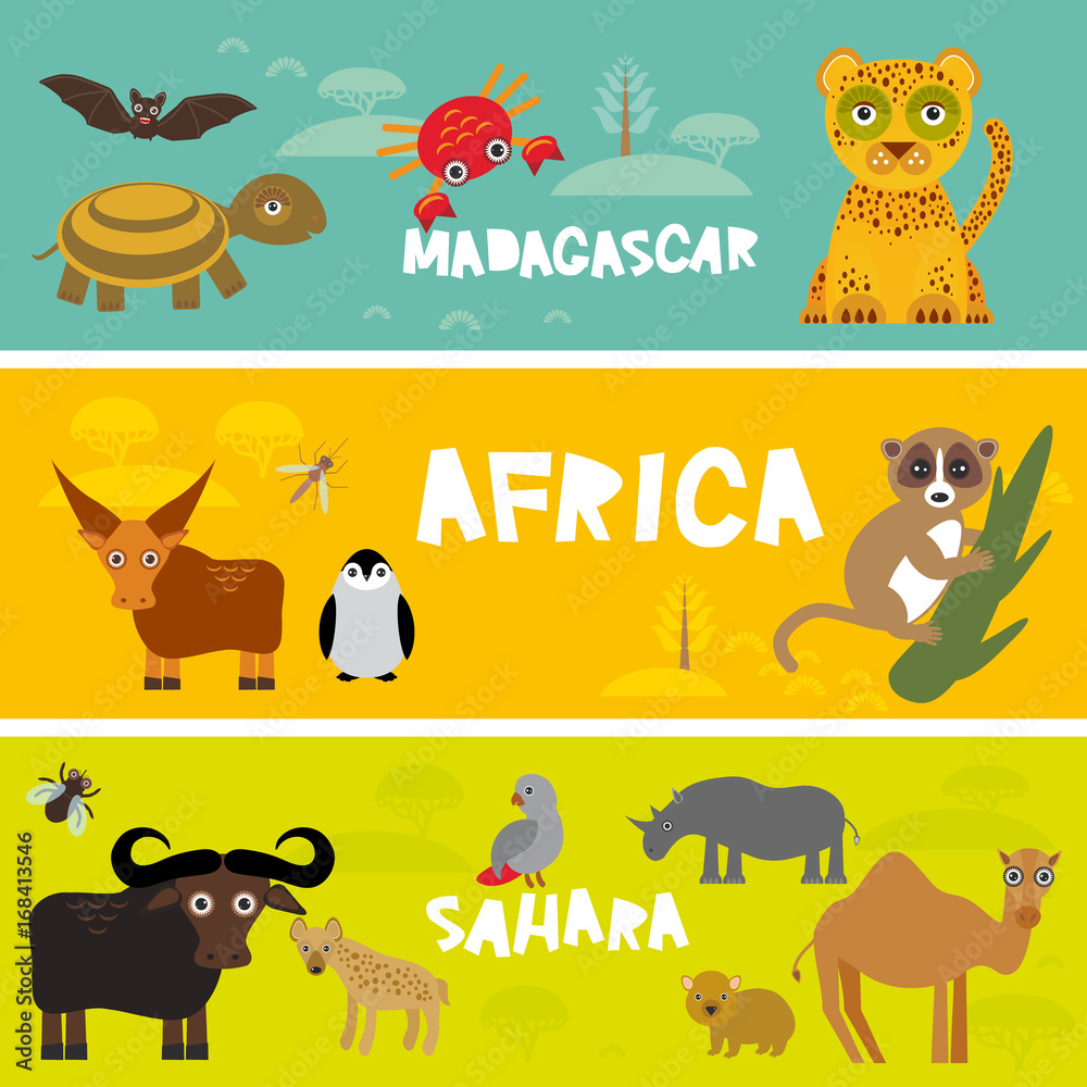 Cute animals set, leopard turtle crab penguin lemur bull hippo hyena parrot  tsetse fly crab camel kids background African animals, Africa, Madagascar,  Sahara Desert bright colorful banner. Vector Stock Vector | Adobe, image size:1000x1000