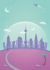 futuristic domed city on an alien planet - illustration of a retro futuristic city in the style of a