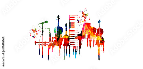 Dekoracja na wymiar  plakat-muzyczny-z-instrumentami-muzycznymi-kolorowa-klawiatura-fortepianowa-saksofon-trabka-wiolonczela