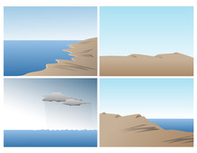 Scene Vector Set With Ocean, Sand Dunes And Hills