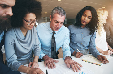 Wall Mural - Diverse group of colleagues discussing paperwork in a modern office