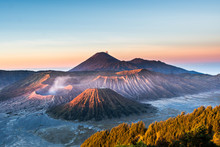 Mount Bromo Volcano (Gunung Bromo) During Sunrise From Viewpoint On Mount Penanjakan, In East Java, Indonesia.