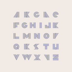 Poster - Font based on purple stripes in geometric style. Vector collection of letters sequence from A to Z.