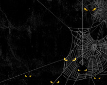 Spider Web Silhouette Against Black Shabby Wall And Evil Yellow Eyes - Halloween Theme Spooky Background With Place For Your Text