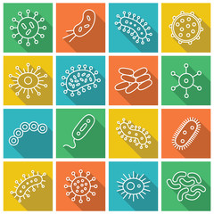 Wall Mural - Germs and Bacteria square Icon Set - vector illustration - orange, green, blue and yellow
