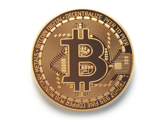 Poster - Golden bitcoin coin virtual currency isolated on white background.