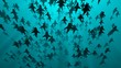 School of sharks swimming in blue water. 3d rendering. Bottom view from underneath. Dense, high population