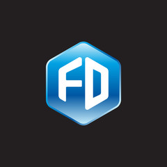 Initial letter FD, modern glossy hexagon logo, gradient blue color on black background	
 
