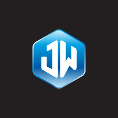 Initial letter JW, modern glossy hexagon logo, gradient blue color on black background	
 
