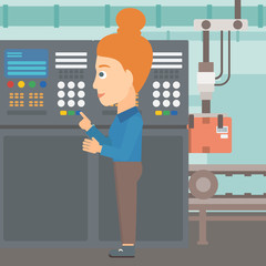 Poster - A woman working with control panel at factory workshop vector flat design illustration. Square layout.