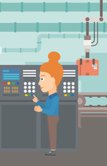 Sticker - A woman working with control panel at factory workshop vector flat design illustration. Vertical layout.